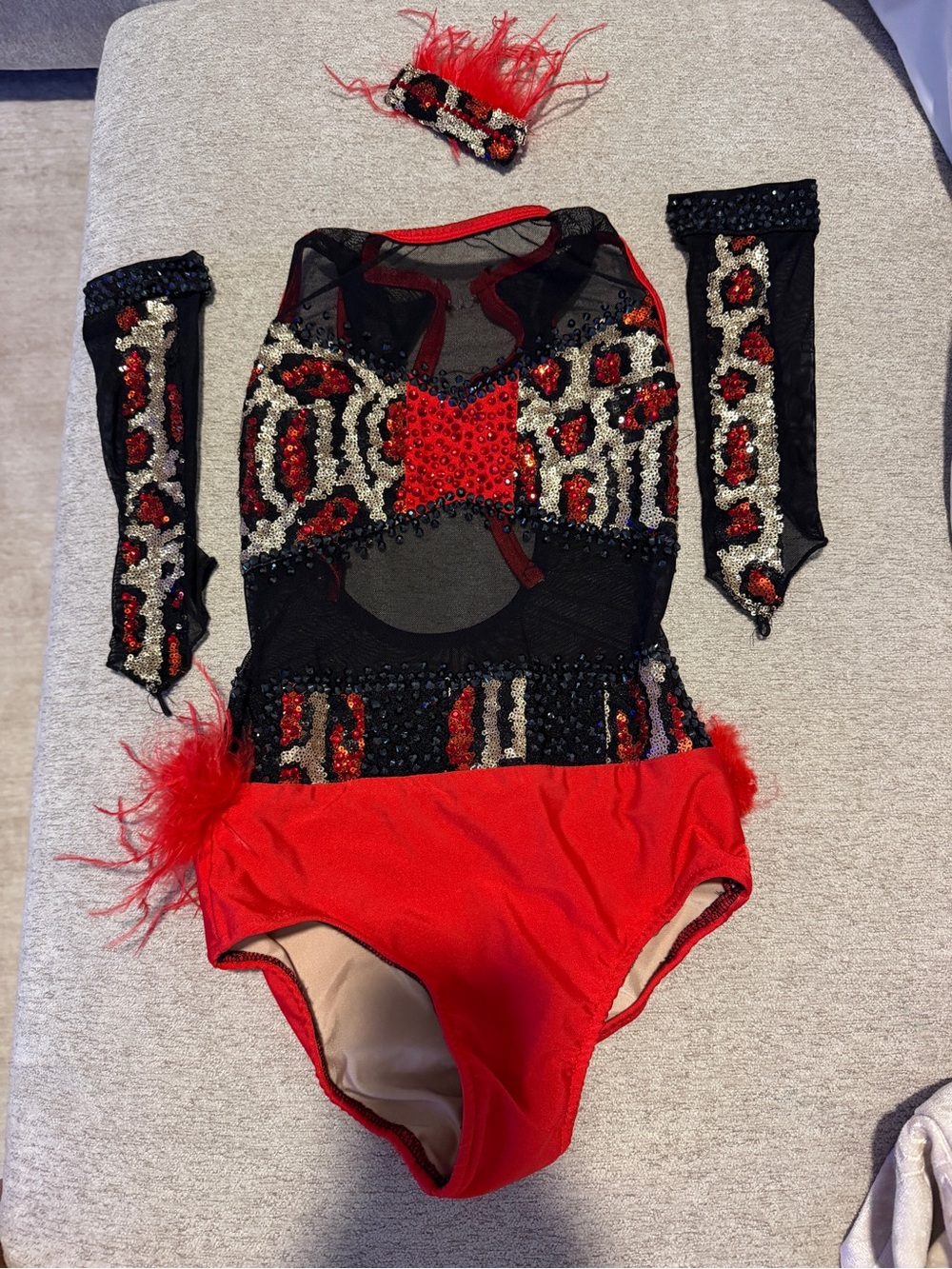 Glamour Red and Black Sequin Dance Costume with Feather Headband